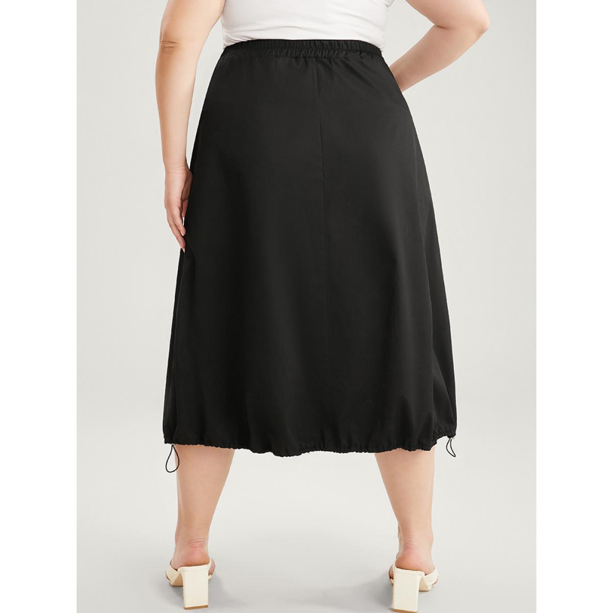 Plus Size Solid Pocket Button Detail Drawstring Hem Skirt Women Black Elegant Drawstring No stretch Pocket Dailywear Skirts BloomChic 14-16/1X Product Image