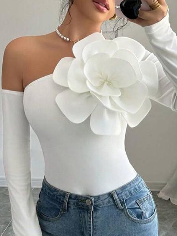 Long Sleeves Skinny Solid Color Three-Dimensional Flower One-Shoulder T-Shirts Tops Product Image