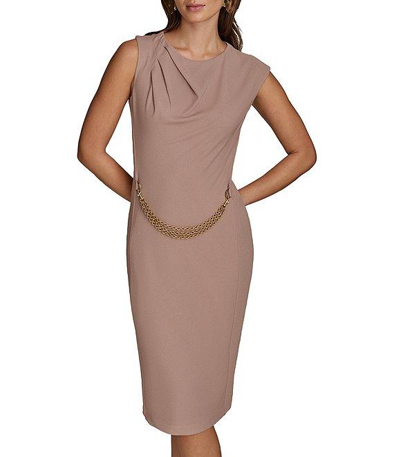 Donna Karan Crepe Jersey Crew Neck Sleeveless Chain Belted Midi Dress Product Image
