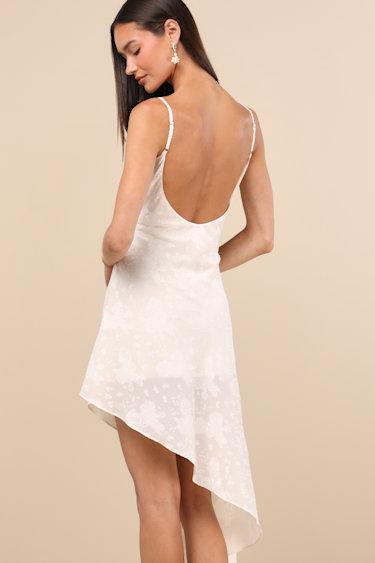 Lilla Ivory Floral Jacquard Asymmetrical Midi Dress Product Image