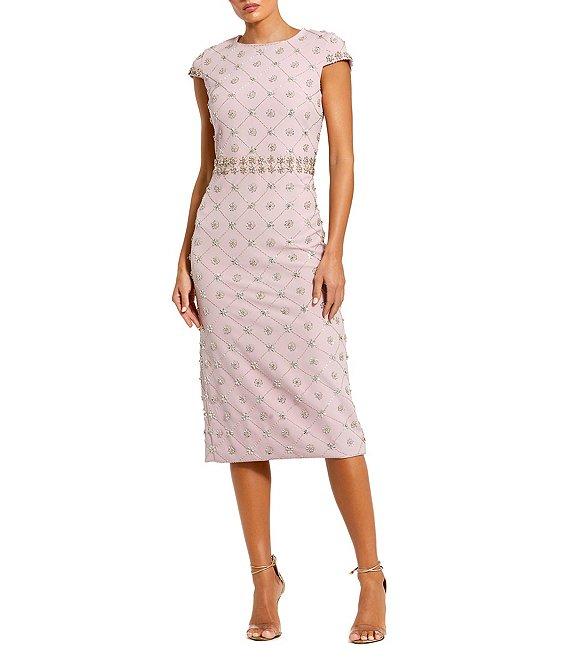 Mac Duggal Beaded Crew Neck Cap Sleeve Sheath Midi Dress Product Image