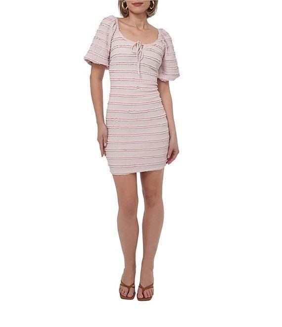 Adelyn Rae Textured Knit Scoop Neck Short Sleeve Front Tie Bodycon Mini Dress Product Image