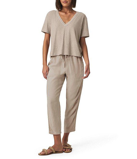 Kacey Crochet Knit V-Neck Short Sleeve Tee Shirt Product Image