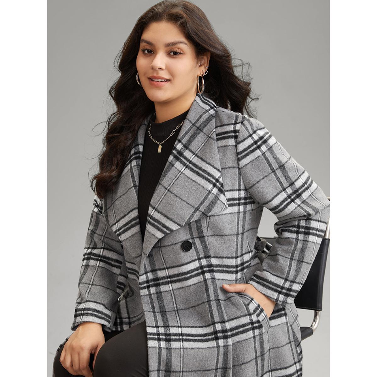 Plus Size Plaid Button Up Pocket Belted Lapel Collar Coat Women Black Casual Lined Ladies Dailywear Winter Coats BloomChic 12/L Product Image