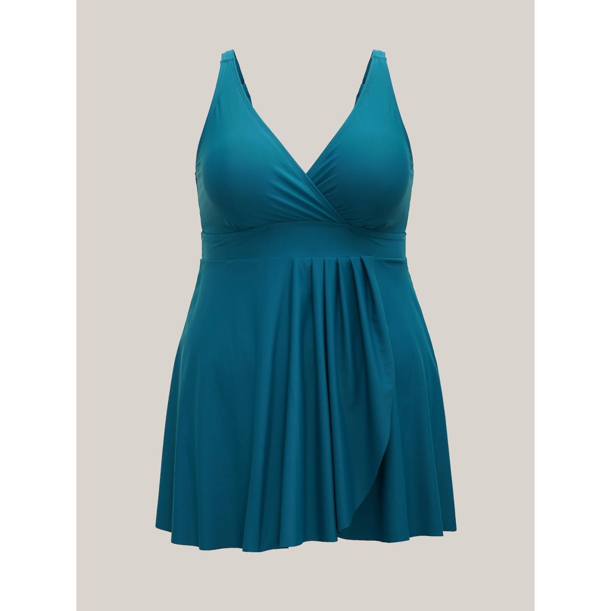 Plus Size Curvy Hem Fit Flare Swim Dress Women's Swimwear Teal Resort Bodycon Heart neckline High stretch Curve Swim Dresses BloomChic 28/5X Product Image