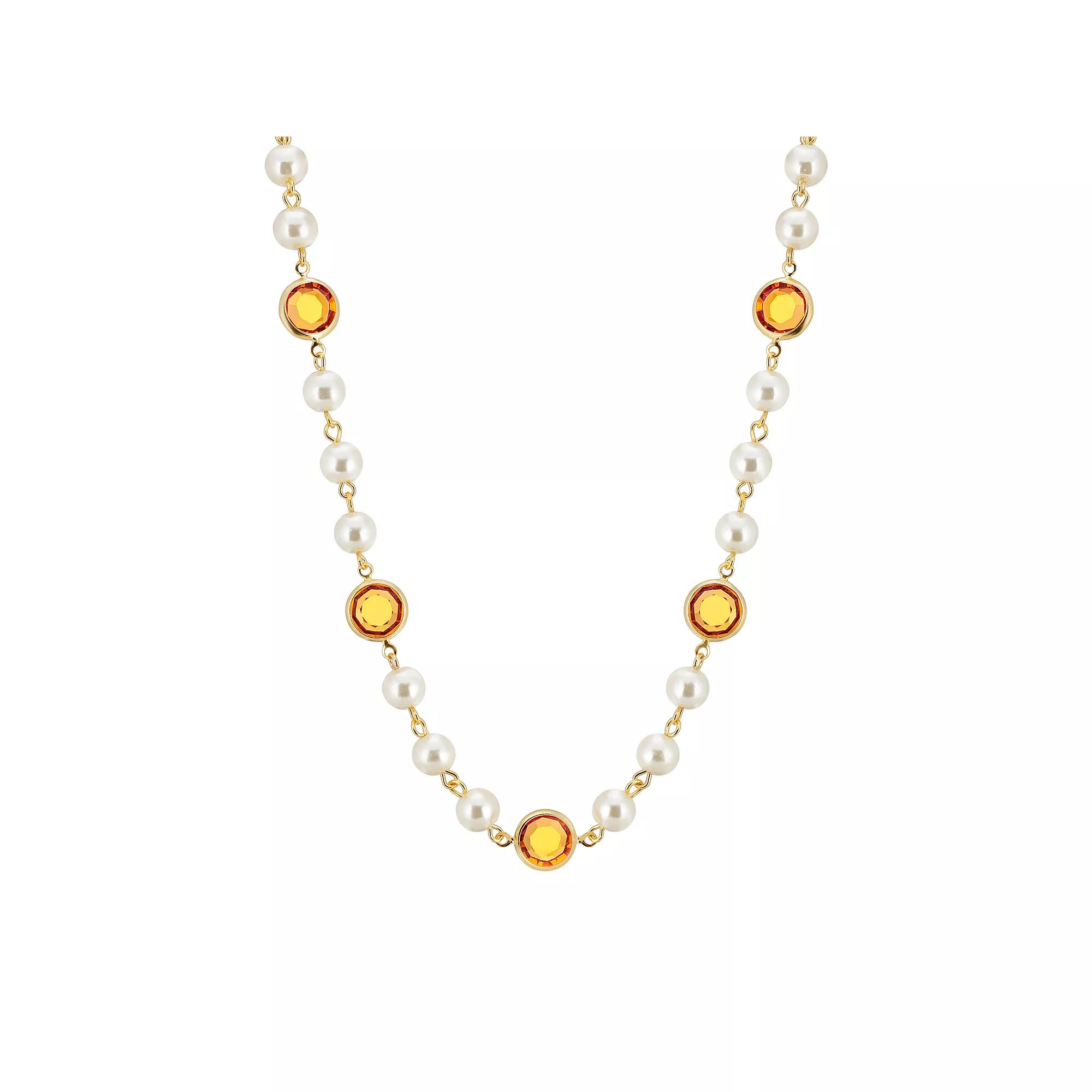 1928 Gold Tone Simulated Pearl & Crystal Strandage Necklace, Womens, Yellow Product Image
