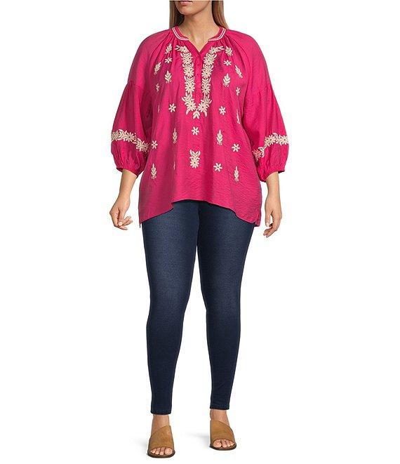Calessa Plus Size Embroidered Split Neck Bracelet Length Sleeve Tunic Product Image