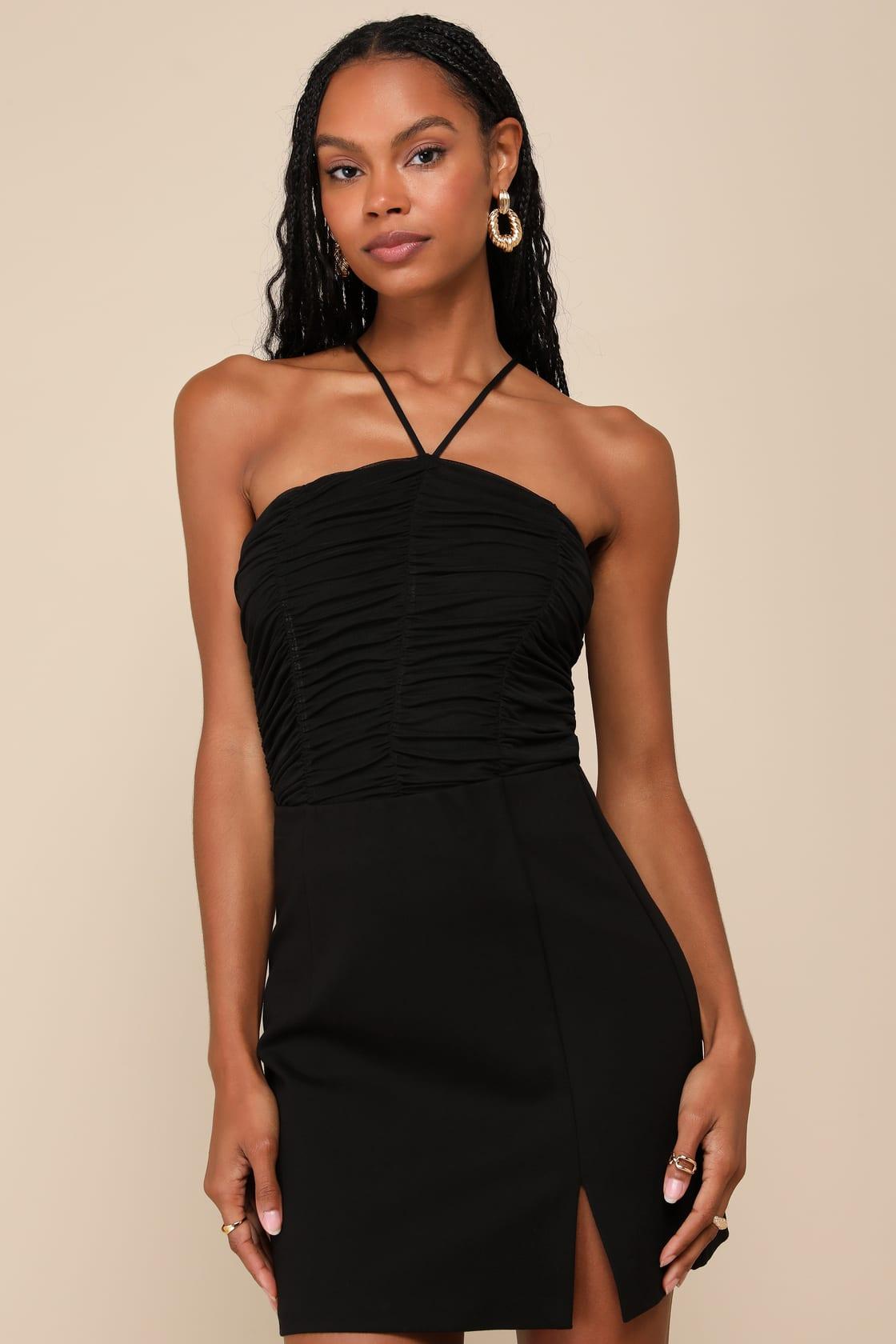 Coy Favorite Black Mesh Ruched Halter Bodysuit Product Image