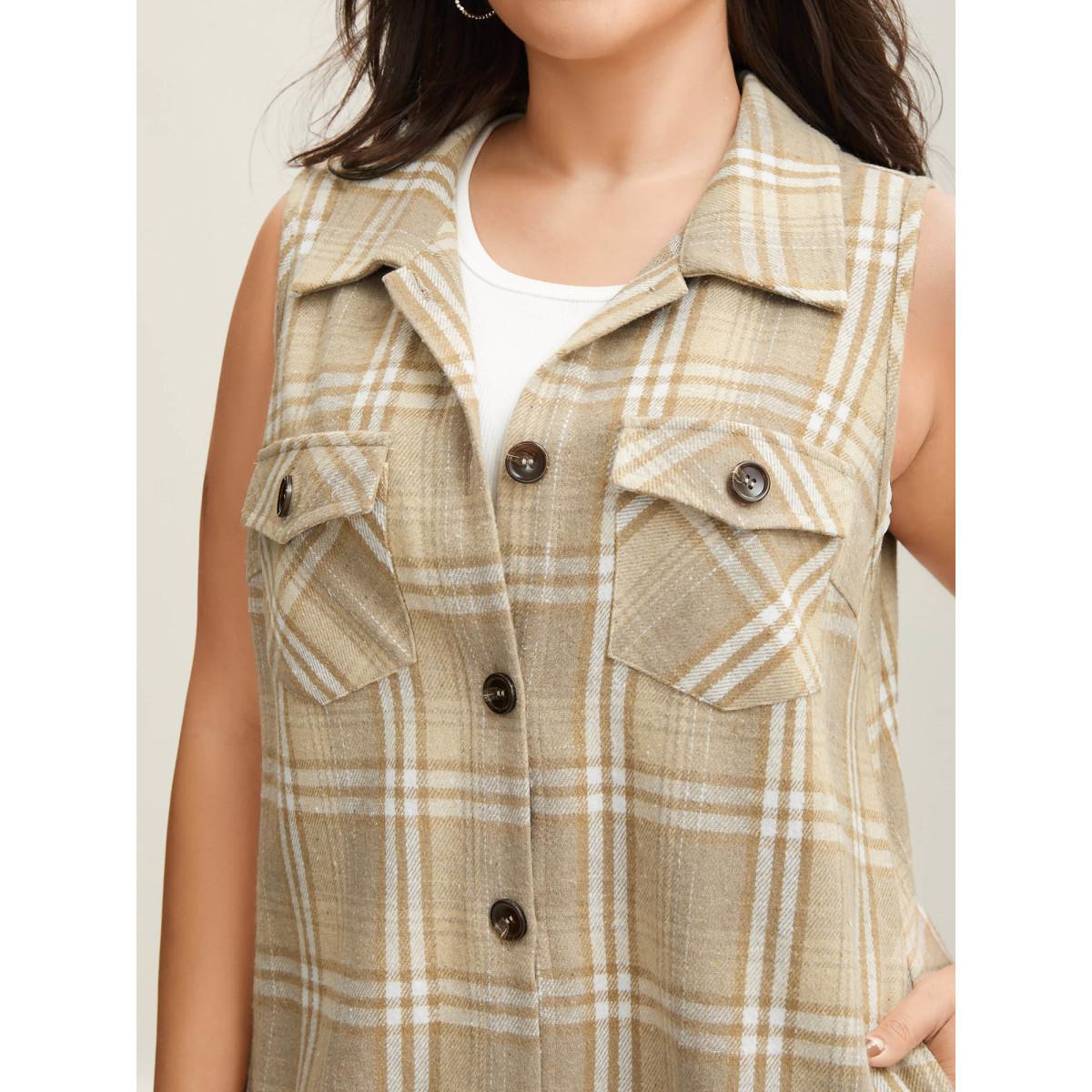 Plus Size Plaid Flap Detail Sleeveless Jacket Women LightBrown Button Side seam pocket Everyday Jackets BloomChic 28/5X Product Image