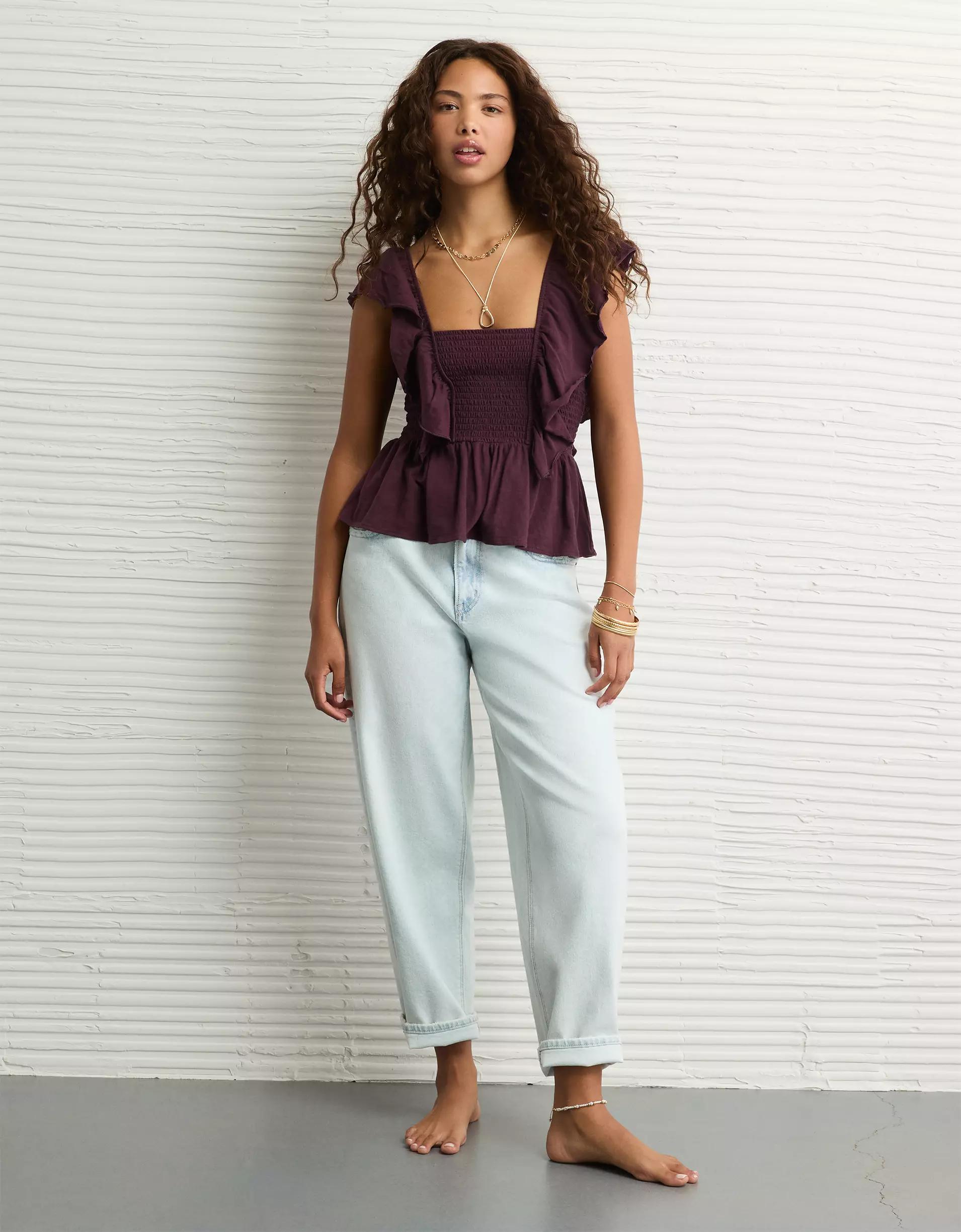 AE Sunchaser Knit Flutter Sleeve Babydoll Shirt Product Image