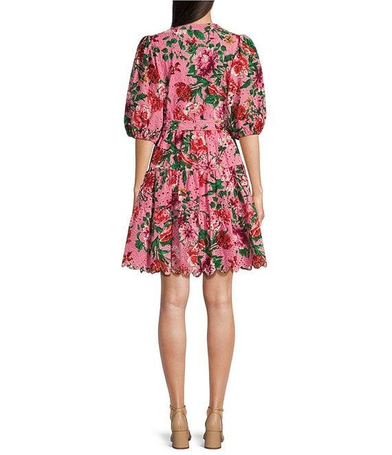 Gibson & Latimer Floral Eyelet Split Neck Elbow Puff Sleeve Button Front Scallop Hem Dress Product Image