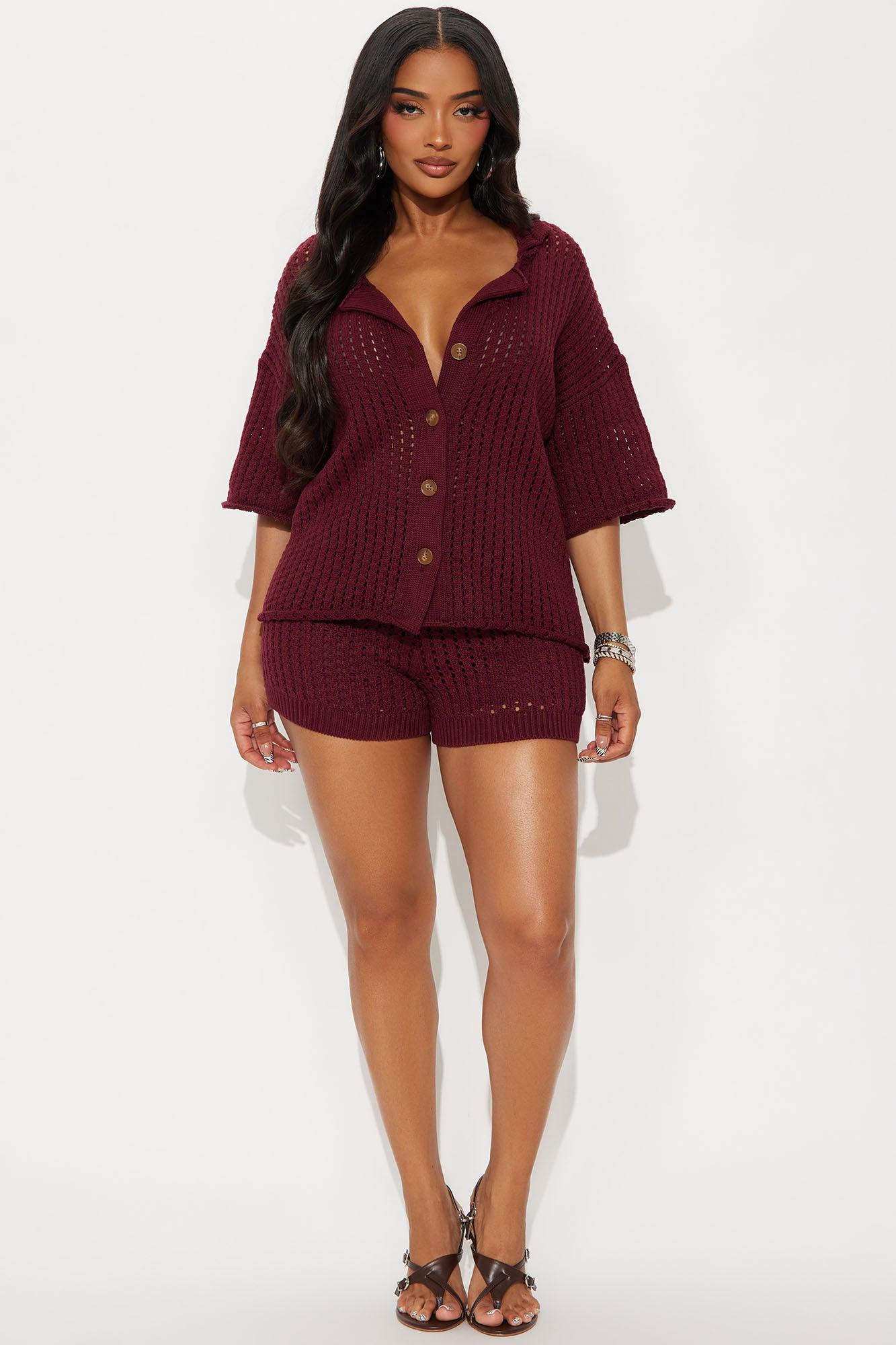 Sandy Crochet Short Set - Burgundy Female Product Image