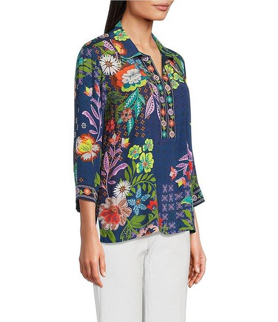 John Mark Floral Embroidered Woven Point Collar 3/4 Cuff Sleeve Popover Top Product Image