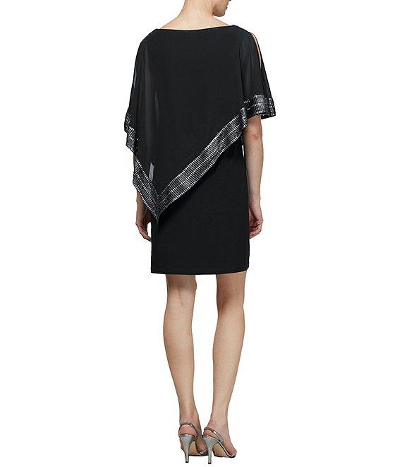 Ignite Evenings Boat Neck 3/4 Sleeve Cold Shoulder Foil Trim Asymmetrical Overlay Dress Product Image