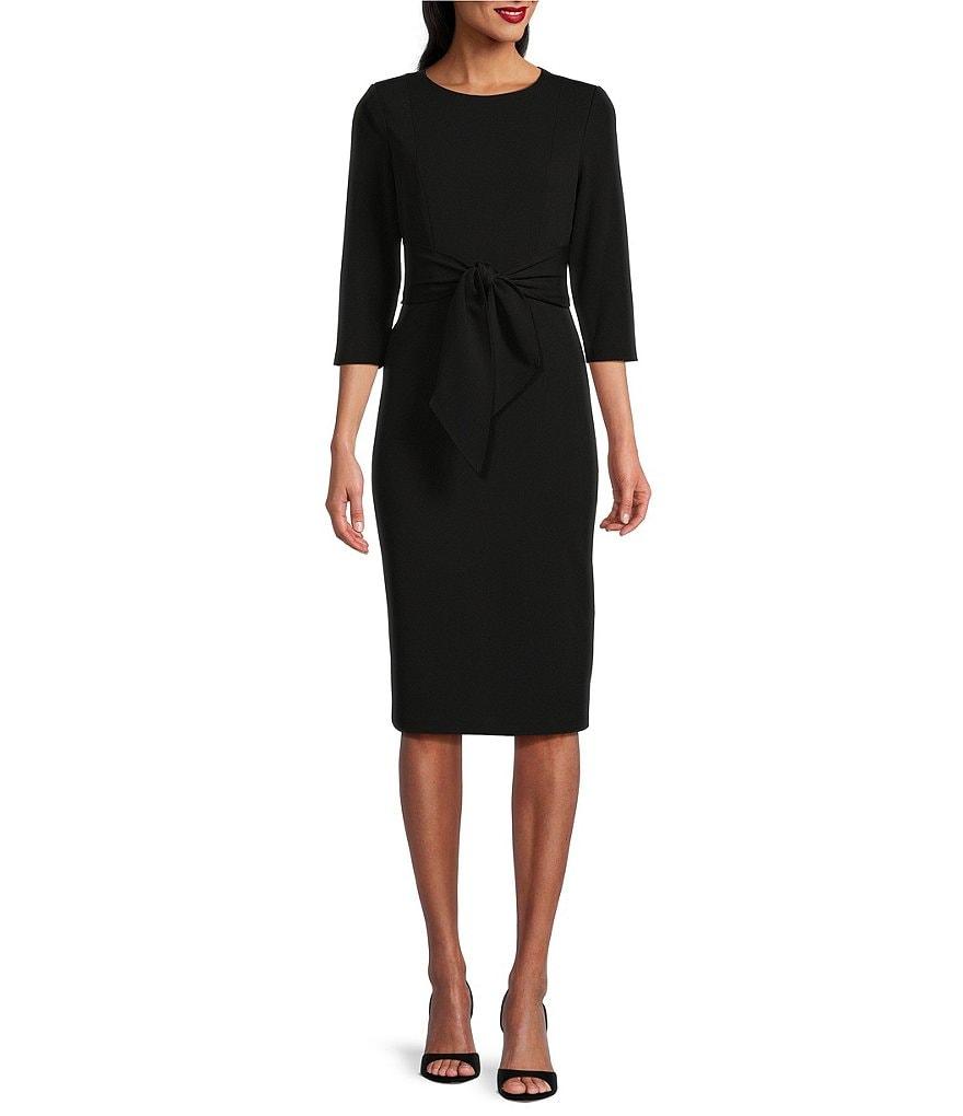 Adrianna Papell Stretch Crepe Crew Neck Tie Waist 3/4 Sleeve Midi Sheath Dress Product Image