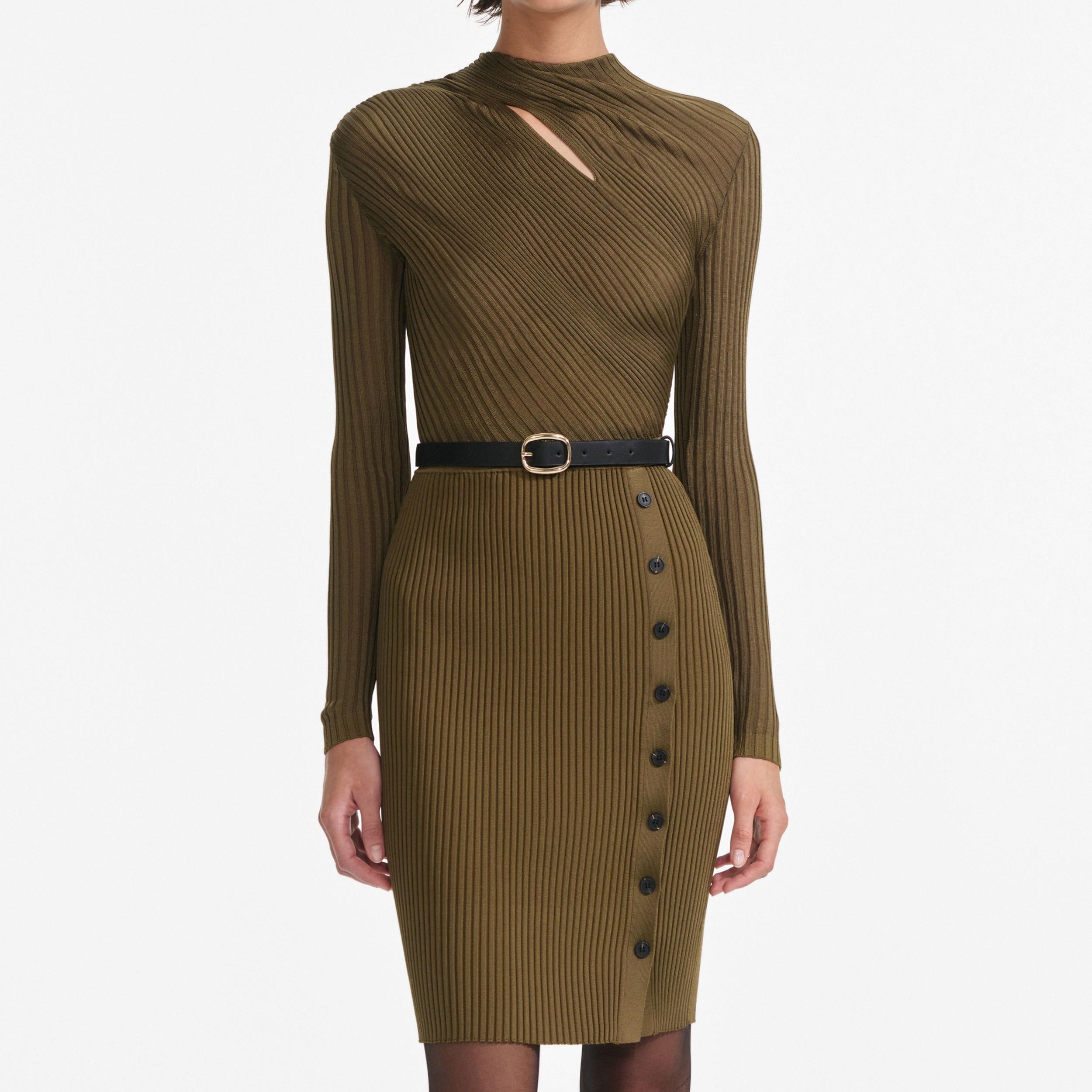 Khaki Cut Out Rib Knit Mini Dress Product Image
