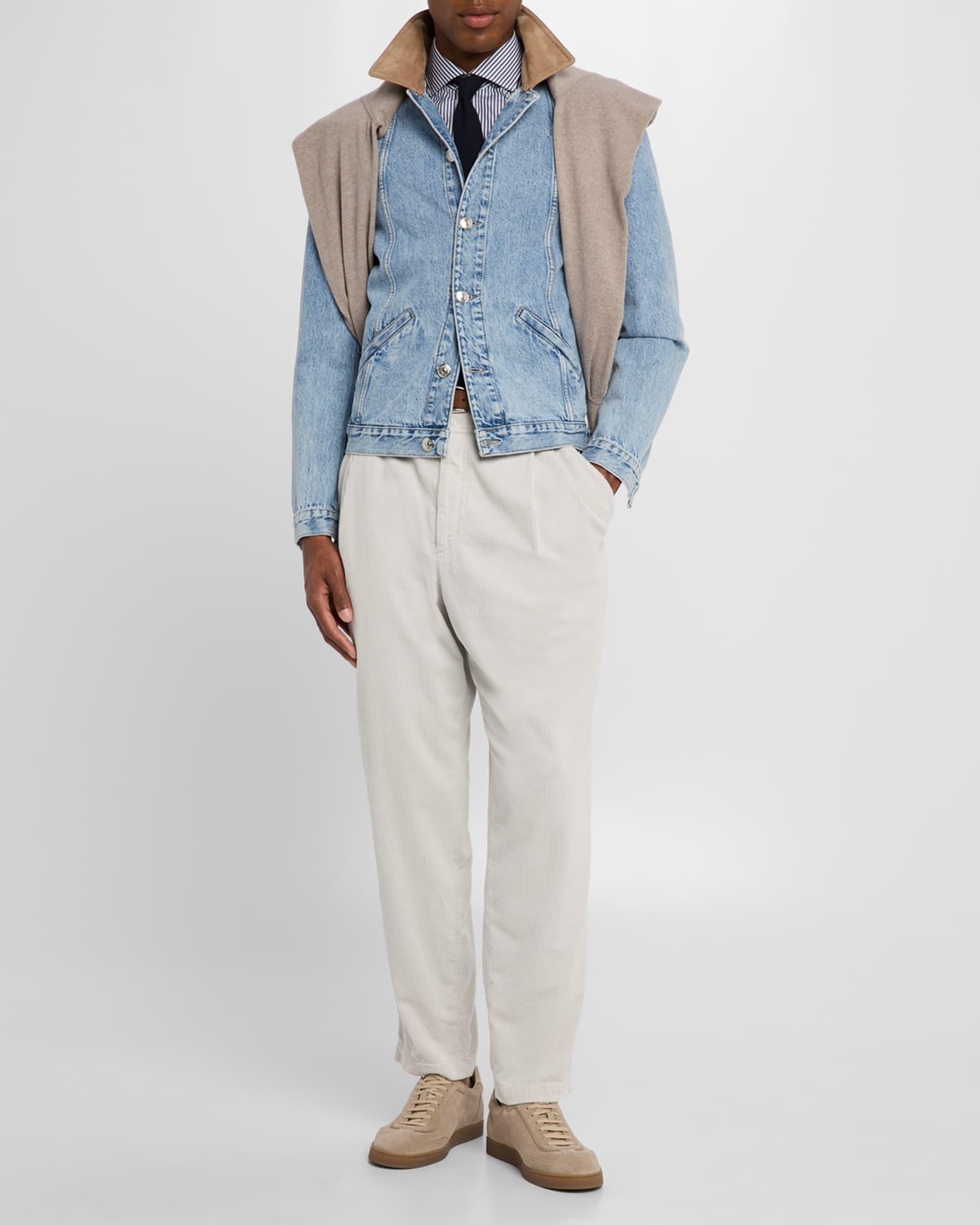 Men's Suede-Collar Light Wash Denim Jacket Product Image