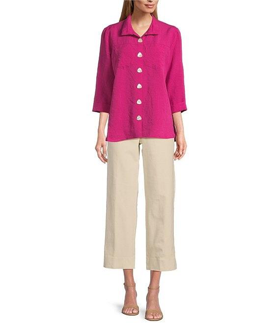 John Mark Solid Woven 3/4 Sleeve Wire Collared Button Front Patch Pocket Camp Shirt Product Image