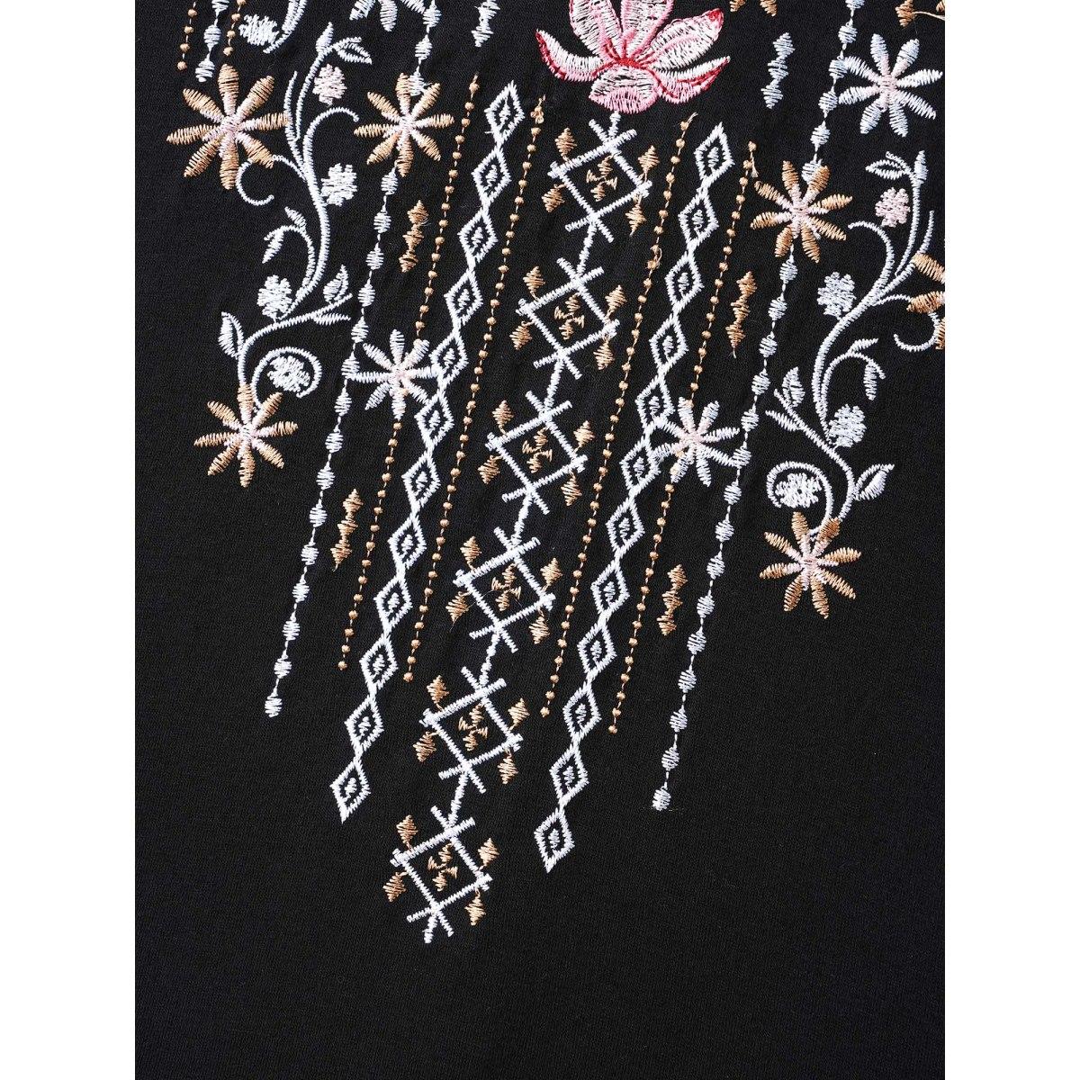 Plus Size Floral Embroidered V-Neck T-shirt Black Women Elegant Embroidered Natural Flowers V-neck Everyday T-shirts BloomChic 12/L Product Image