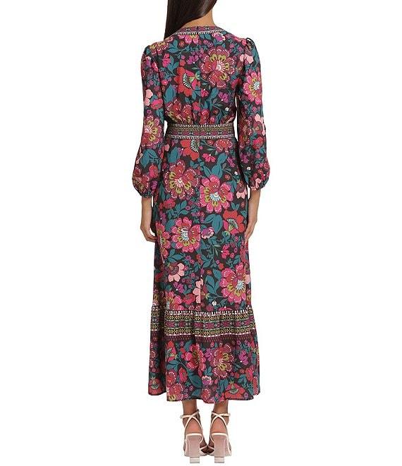 Donna Morgan Stretch Floral Printed Surplice V Neckline Long Puff Sleeve Maxi Dress Product Image