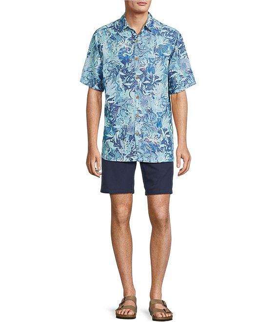 Caribbean Retro Coral Print Short Sleeve Woven Shirt Product Image