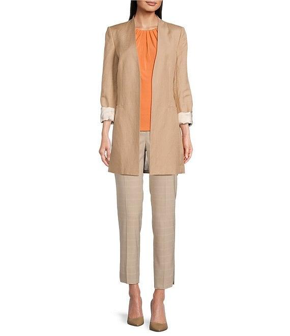 Calvin Klein Linen Blend Contrast Lining Long Satin Roll-Tab Sleeve Coordinating Open Front Jacket Product Image