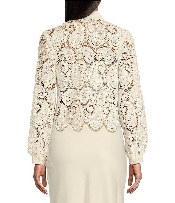 Evolutionary Collared Long Sleeve Paisley Crochet Button Front Top Product Image
