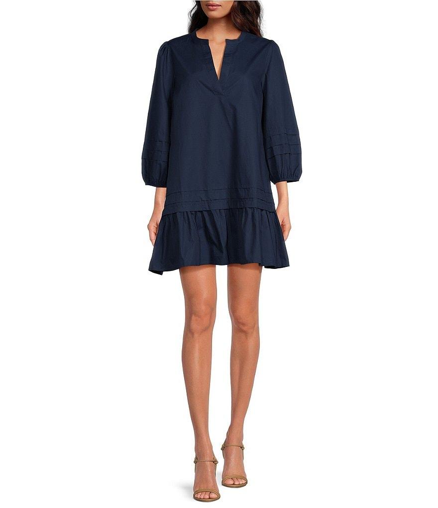 Sugarlips Velma Poplin Split V-Neck 3/4 Sleeve Ruffle Hem Mini Dress Product Image