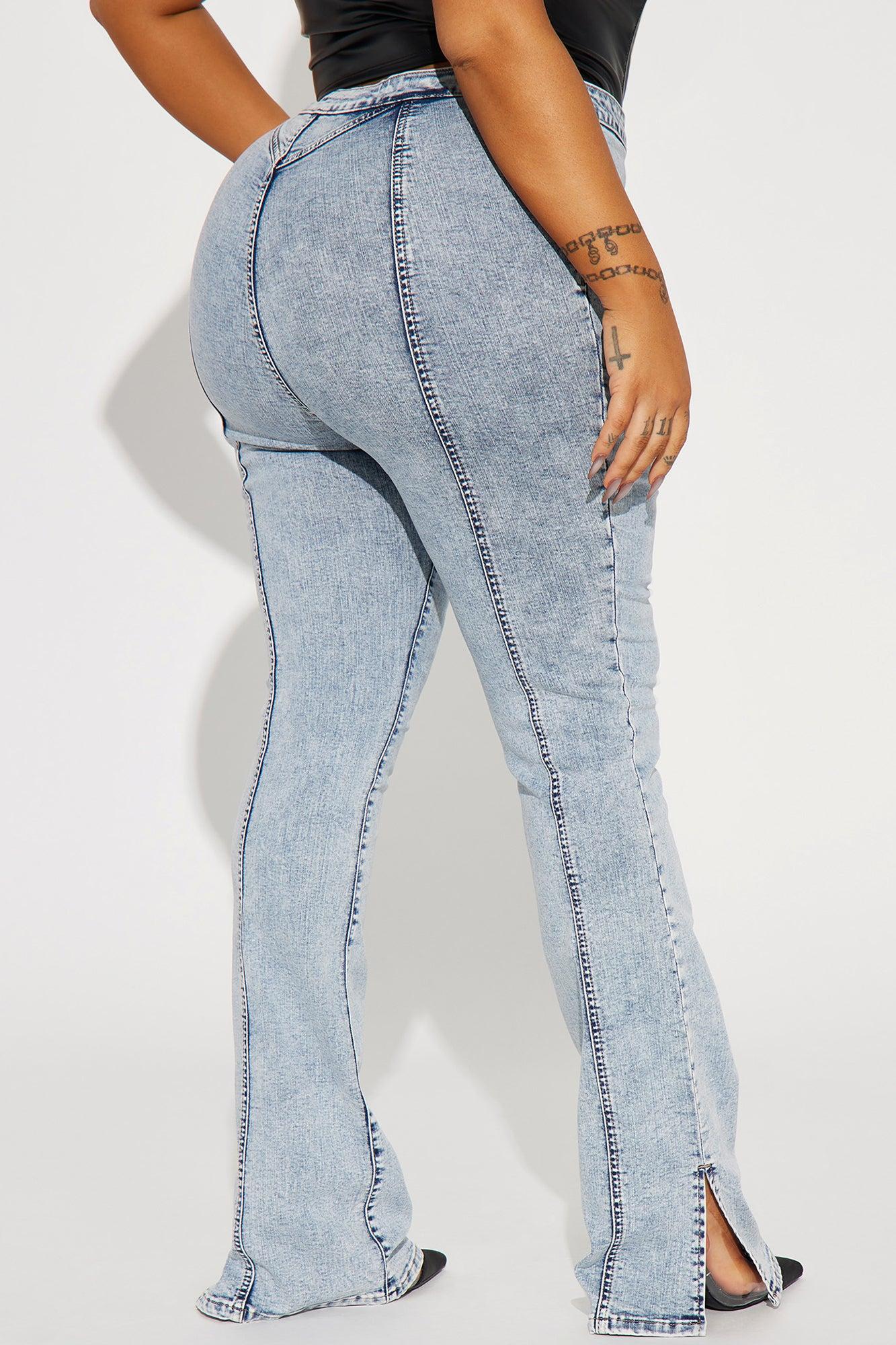 Side Slit Stretch Slim Bootcut Jeans - Acid Wash Denim Product Image