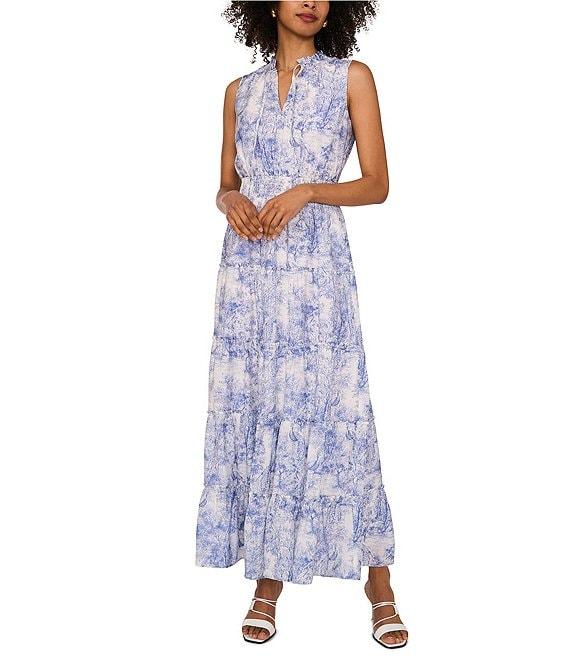 1. STATE Woven Toile Print V-Neck Sleeveless Smocked Waist Tiered Maxi Dress Product Image