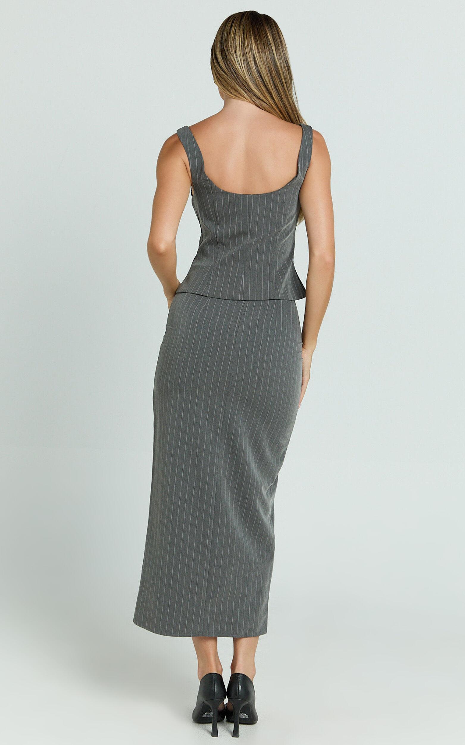 Fiona Midi Skirt - Pinstripe Bodycon Side Leg Split Workwear Skirt in Dark Grey Product Image