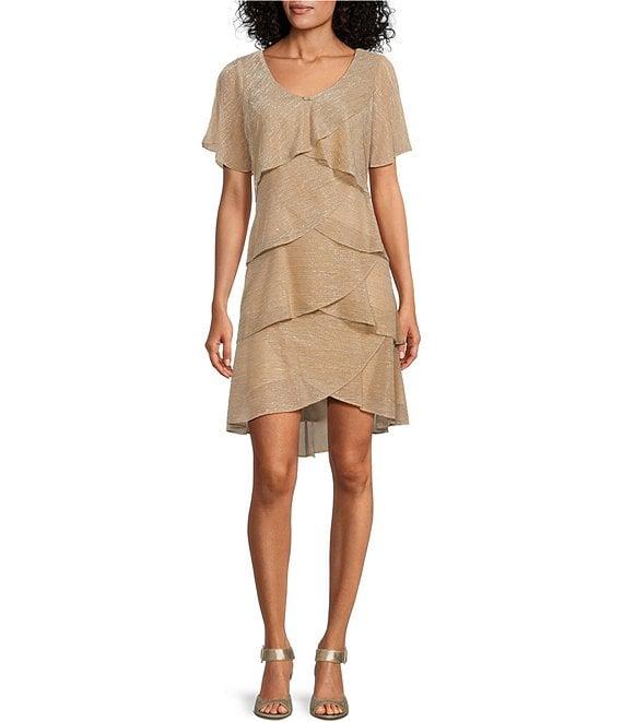 Ignite Evenings Shimmer Tiered Ruffle V-Neck Embellishment Short Flutter Sleeve Shift Dress Product Image