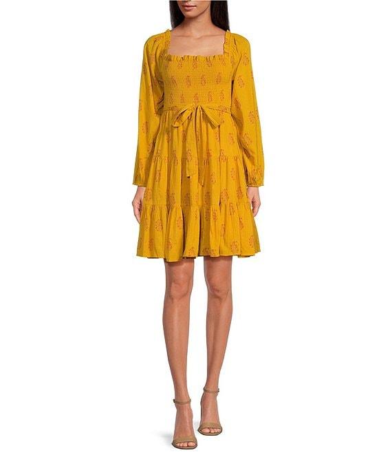 A Loves A Woven Metallic Floral Print Ruffle Trim Square Neck Long Puff Sleeve Smocked Tie at Waist Tiered Flounce A-Line Dress Product Image