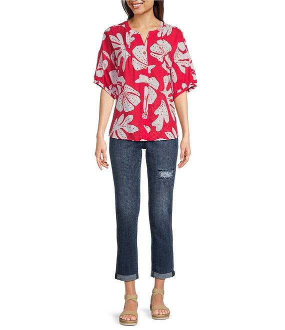 Ali Miles Clip Dot Leaf Print Y-Neck 3/4 Cuff Sleeve Tunic Product Image