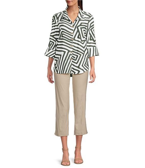 Ali Miles Woven Allover Abstract Print Wire Collar 3/4 Sleeve Hi-Low Hem Button Front Tunic Product Image