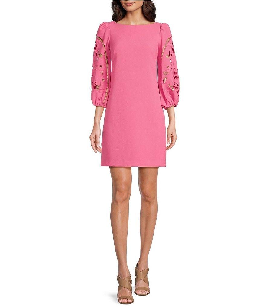 Vince Camuto Boat Neck 3/4 Laser-Cut Puff Sleeve Stretch Crepe Sheath Dress Product Image