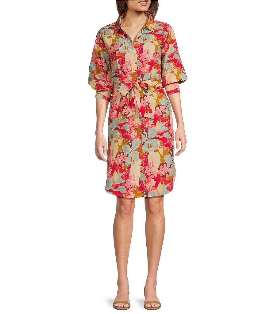 APNY Woven Floral Print Point Collar 3/4 Sleeves Shift Dress Product Image