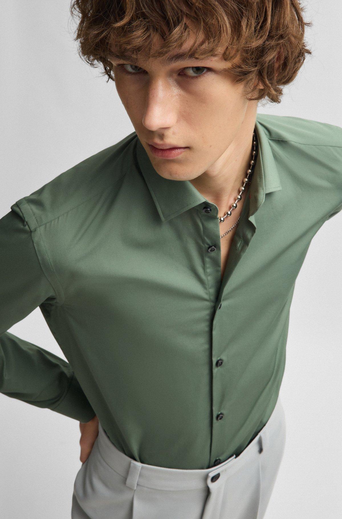 HUGO - Slim-fit shirt in easy-iron cotton poplin - Light Green Product Image