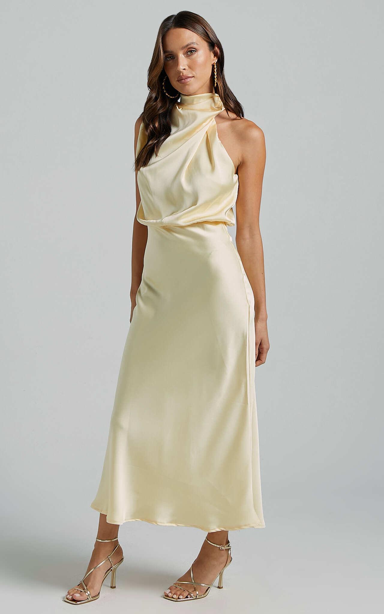 Minnie Midi Dress - Drape Neck Satin Slip Dress in Butter Yellow Product Image