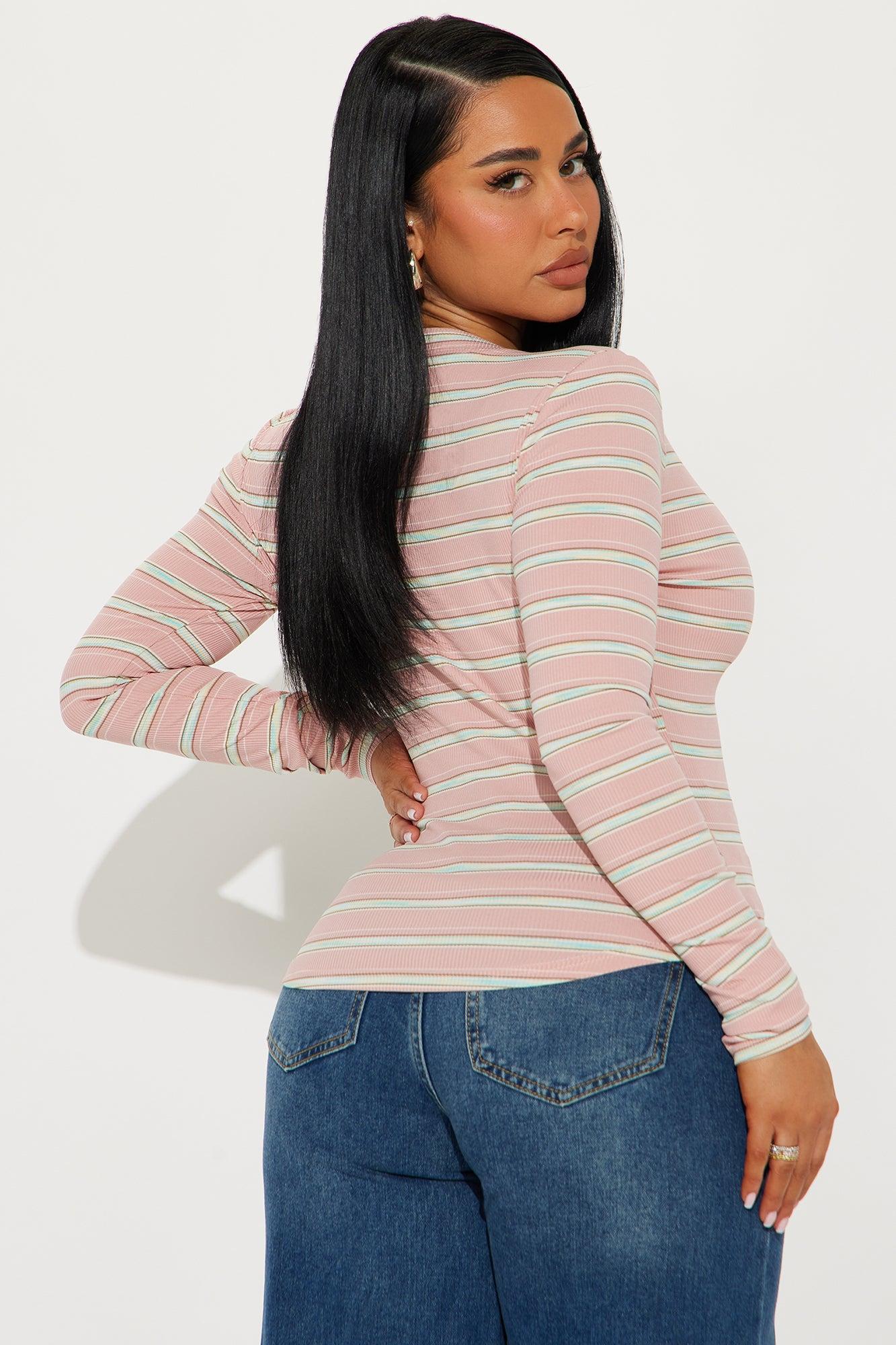 Sara Striped Button Front Top - Pink/combo Product Image