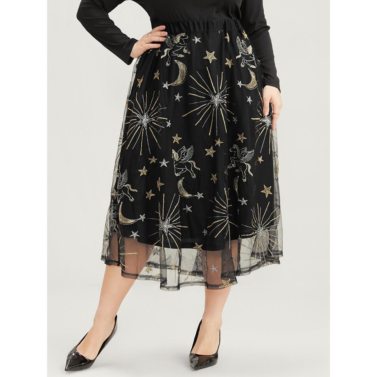 Plus Size Moon And Star Embroidered Mesh Elastic Waist Skirt Women Black Glamour Embroidered No stretch Going out Skirts BloomChic 12/L Product Image