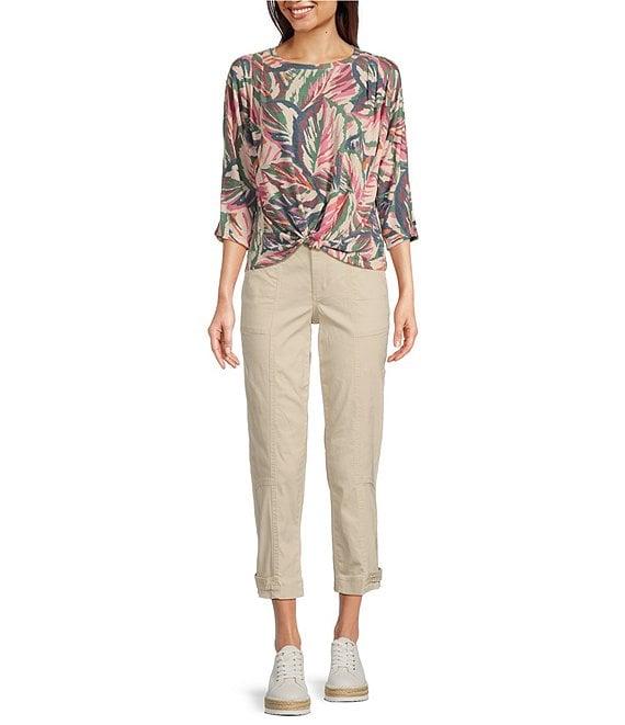 Democracy Knit Leaf Print Crew Neck 3/4 Sleeve Front Knot Hem Top Product Image