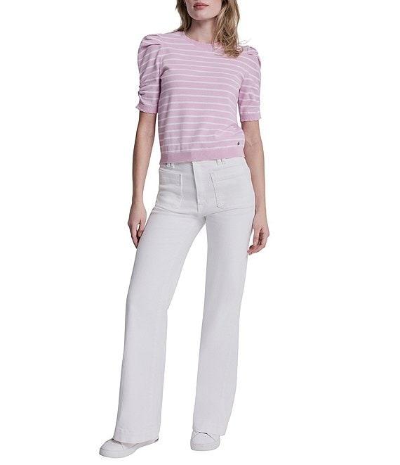 DKNY Jeans By Donna Karan Cotton Blend Stripe Crew Neck Elbow Length Puff Sleeve Scallop Trim Top Product Image