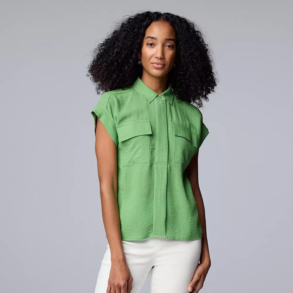 Women's Simply Vera Vera Wang Short Sleeve Linen Shirt, Size: XXL, Autumn Fern Product Image