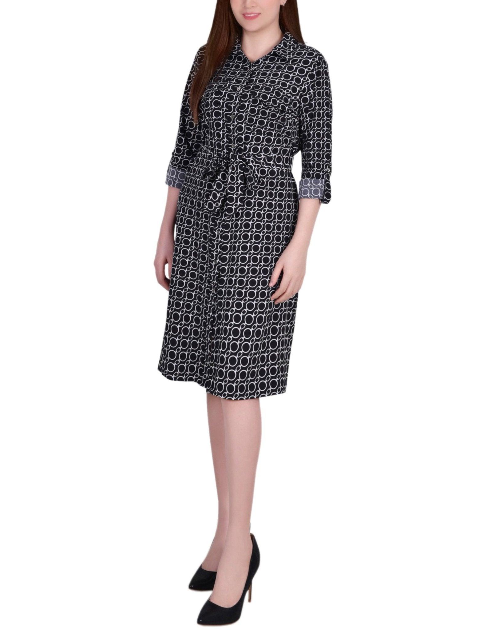 Cypress Inca Gold Navy Zigzag 3/4 Roll Tab Sleeve Belted Shirtdress - Petite Product Image