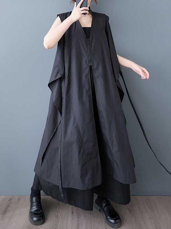 A-Line Loose Pockets Solid Color Tied Zipper V-Neck Midi Dresses Shirt Dress Product Image
