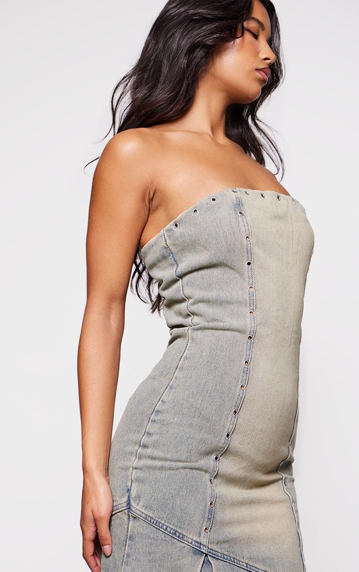 Vintage Wash Green Tint Studded Seam Detail Frill Hem Denim Maxi Dress Product Image