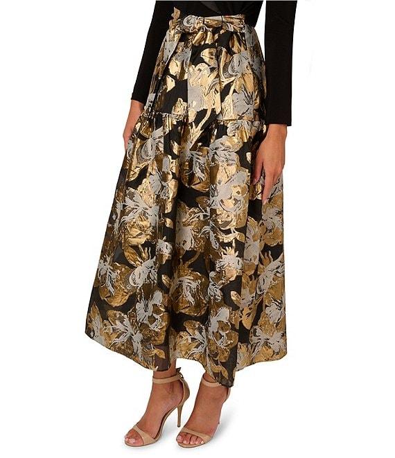 Adrianna Papell Floral Jacquard Lapel V-Neck Long Sleeve Side Pocket Tuxedo Midi Dress Product Image