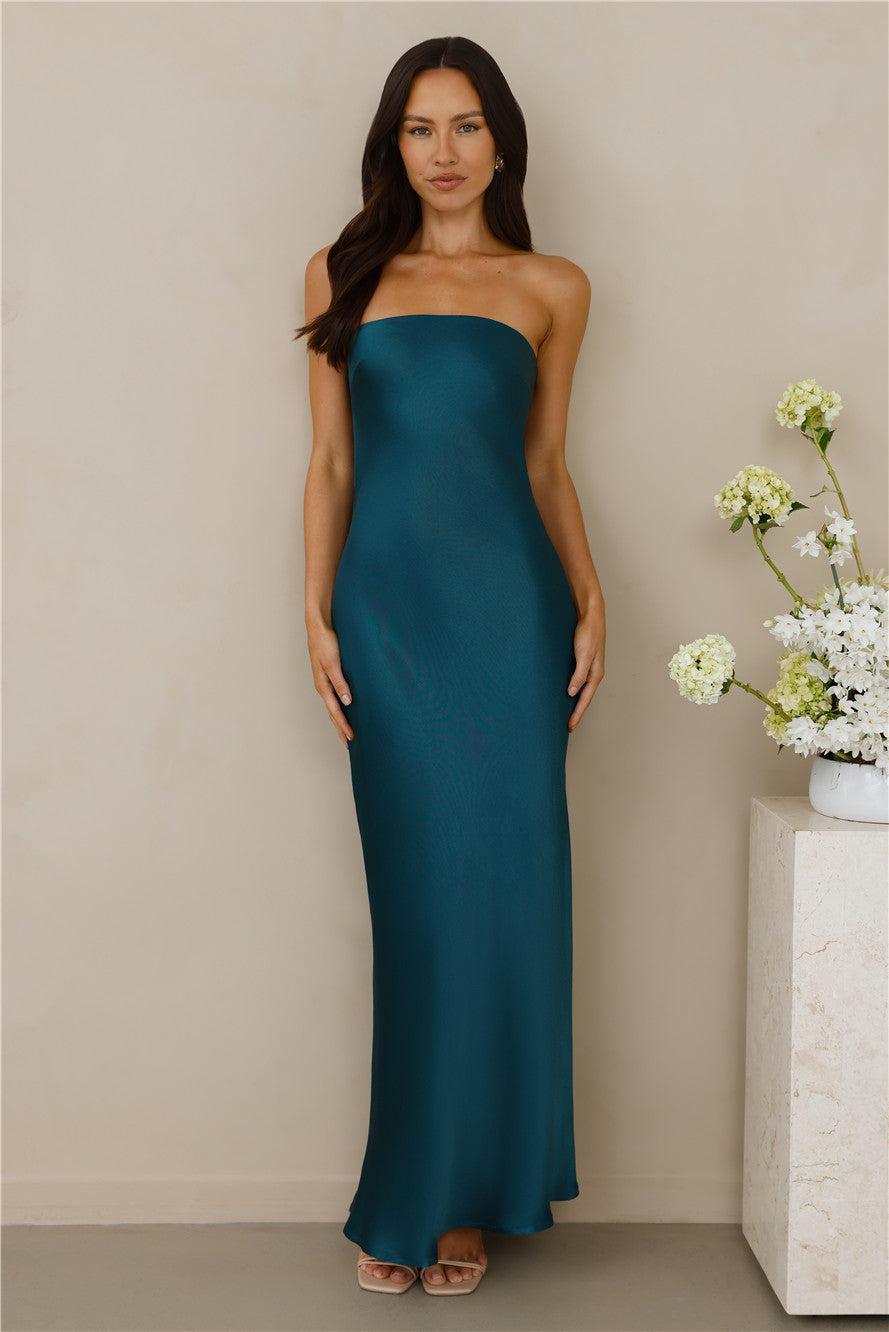 The Felicity Strapless Satin Maxi Dress Teal Product Image