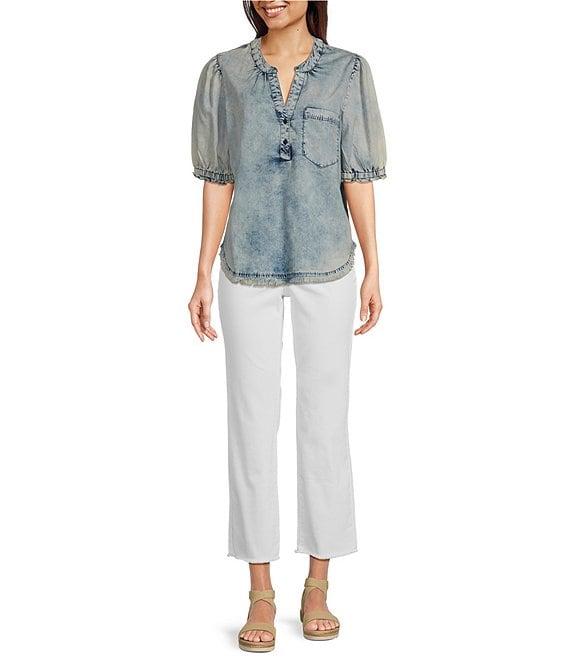 Tru Luxe Jeans Chambray Split V-Neck Short Sleeve Henley Top Product Image